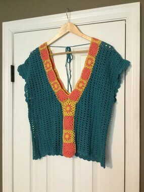 MAK - Boho Crochet Tie Back V Neck Top - Bohemian Festival Knitted - Size: M